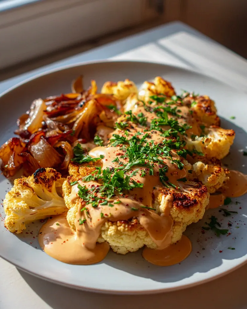 Blumenkohlsteak mit Pfefferrahmsauce und karamellisierten Zwiebeln genießen!