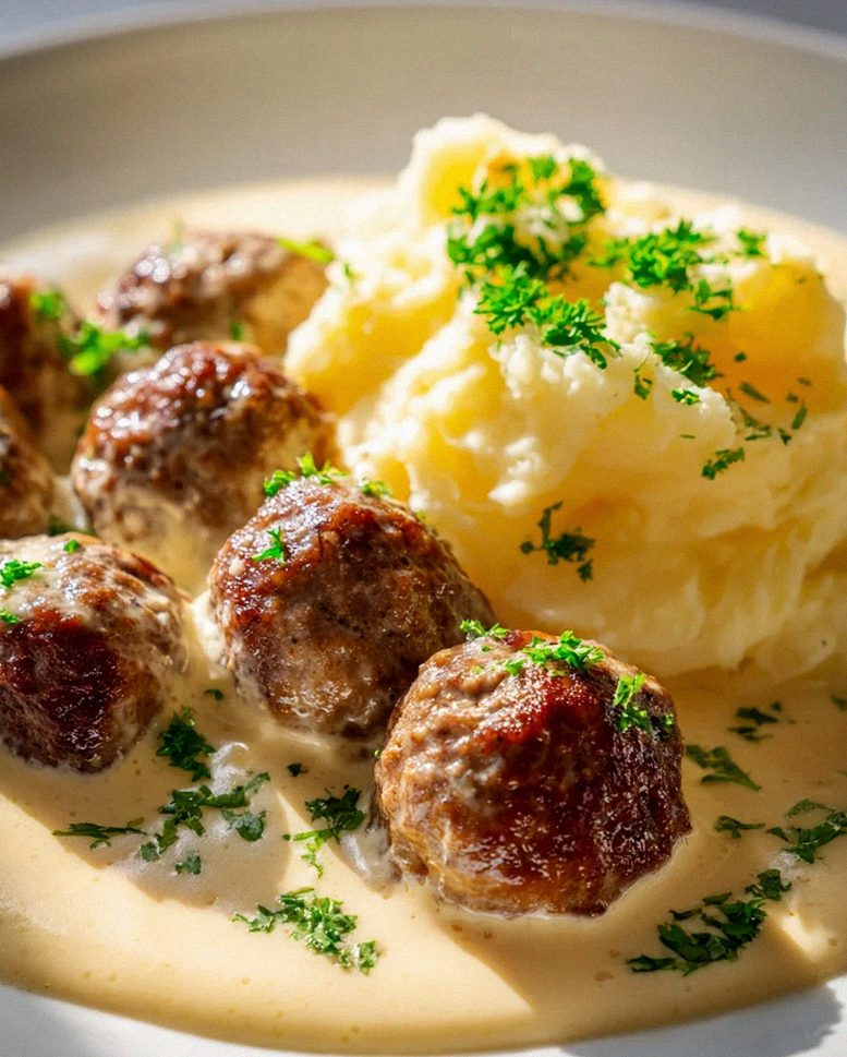 Cremige Slow Cooker Hackbällchen mit Kartoffelpüree Rezept