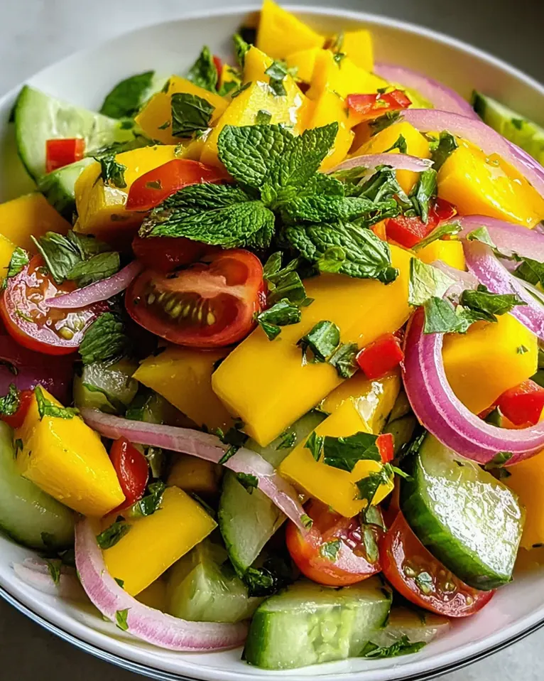Erfrischender Mangosalat mit Limetten-Dressing genießen!