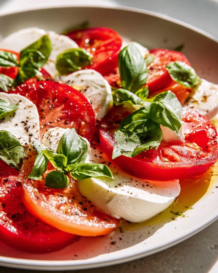 Frischer Tomaten Mozzarella Salat mit Basilikum genießen!