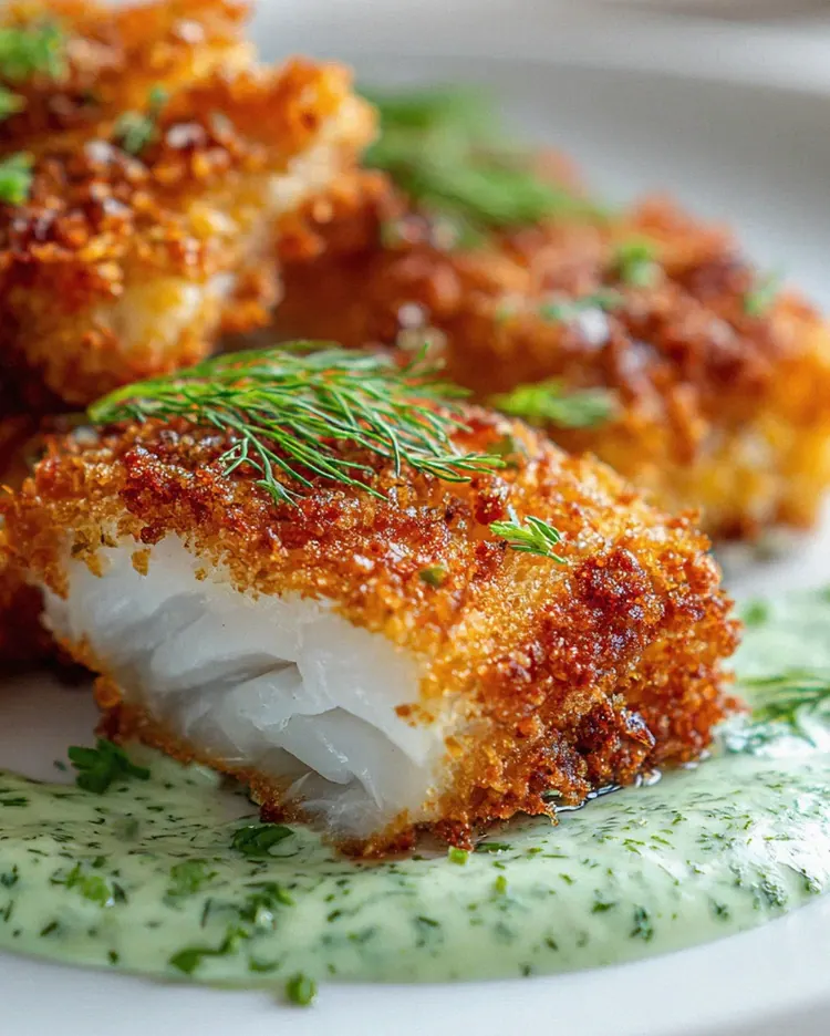 Knuspriger Air Fryer Kabeljau mit Kräuter Joghurt Dip Rezept