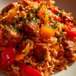Rustikales Serbisches Reisfleisch mit Paprika und Tomaten