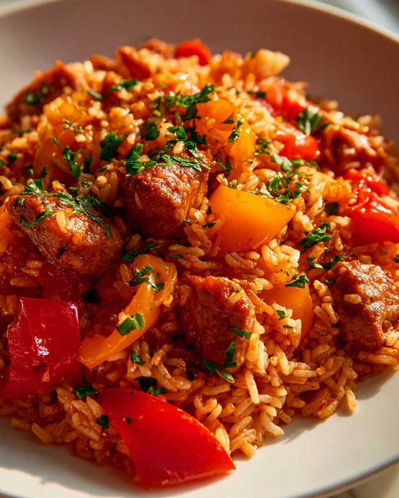 Rustikales Serbisches Reisfleisch mit Paprika und Tomaten